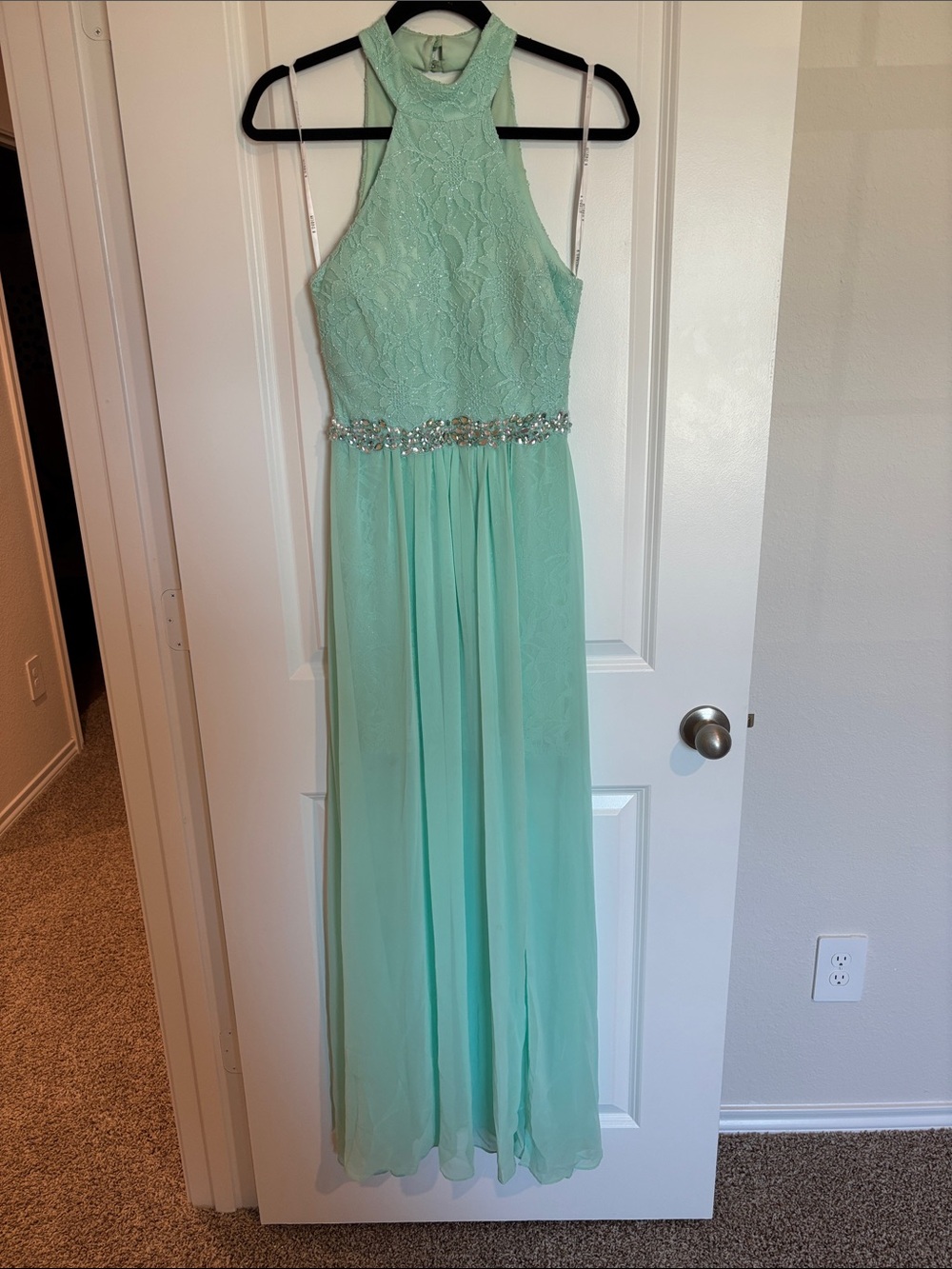 B. Darlin Mint Green Lace Halter Dress with Beaded Trim